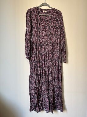 Faherty Floral V-Neck Long Sleeve Maxi Dress - Pink & Black